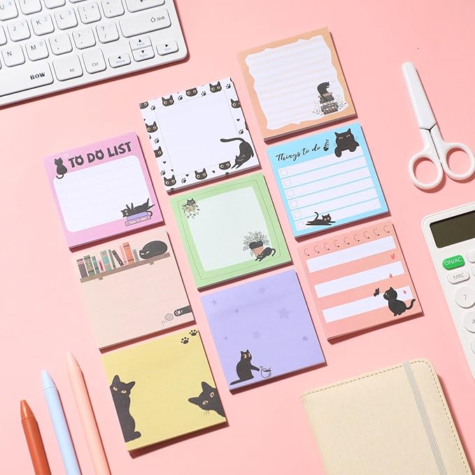 9 Pads Cute Sticky Notes Cartoon Animal Self Stick Notepads 3x3 Inches Notes Adhesive Memo Pad Office Decor Gifts for Students School Office Meeting(Black Cat)