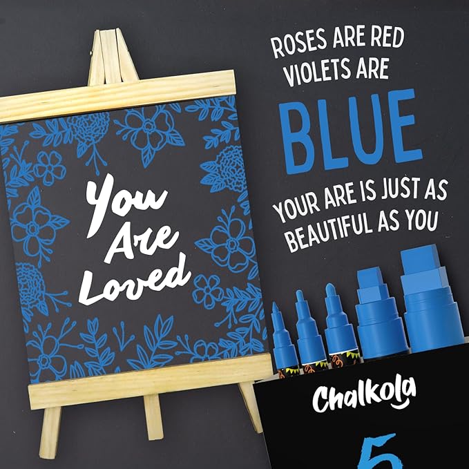 5 Blue Chalkboard Chalk Pens - Blue Dry Erase Markers for Blackboard, Chalkboard Signs, Windows, Glass | Variety Pack - Fine & Jumbo Size Ink Pen (1mm, 3mm, 6mm, 10mm, 15mm)