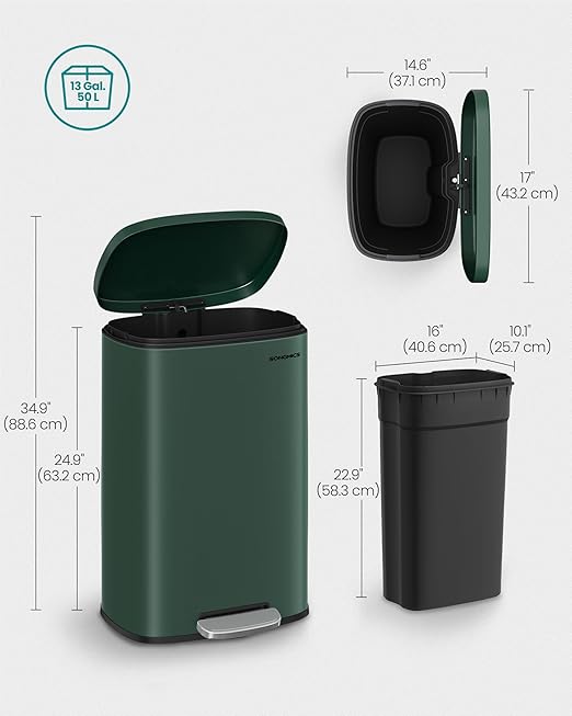 SONGMICS 13 Gallon (50 L) Trash Can, Stainless Steel Kitchen Garbage Can, Recycling or Waste Bin, Soft Close, Step-On Pedal, Removable Inner Bucket, Retro Green ULTB050C01