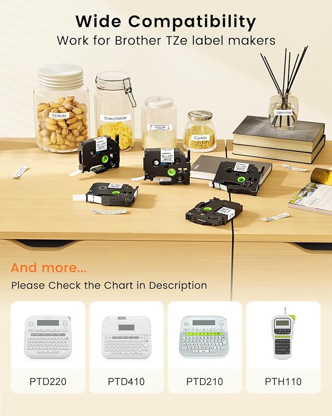 Colorty Replace for Brother P Touch Label Maker Tape 12mm 0.47 Laminated Black on White TZe-231 AZe-231 for PT-1180 2040 1090 1750 1290 1880 1170 Ptouch Tape Refills 12mm x 8m, 12-Pack