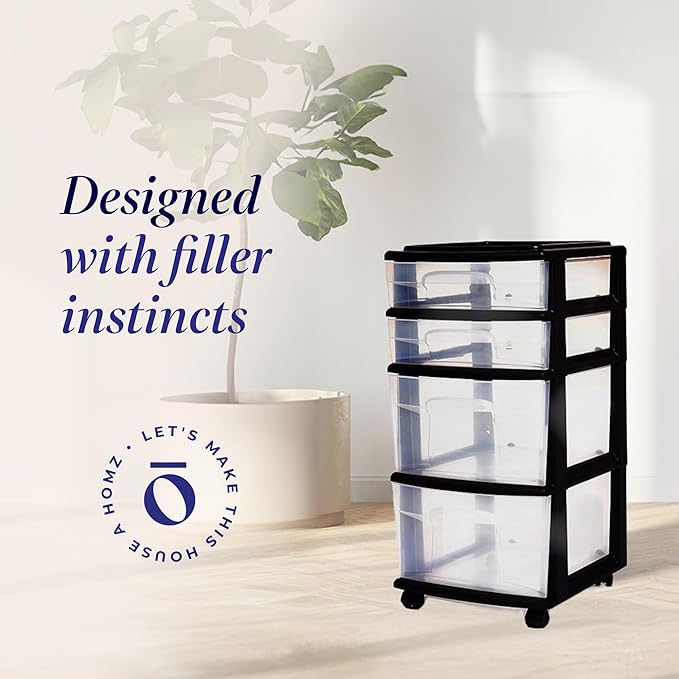HOMZ 4-Drawer Plastic Storage Cart Organizer with Removable Wheels, Black Frame