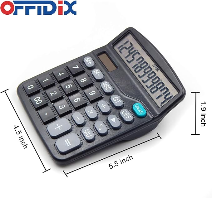 OFFDIX Office Desktop Calculator, Solar and Battery Dual Power Electronic Calculator Portable 12 Digit Large LCD Display Calculator