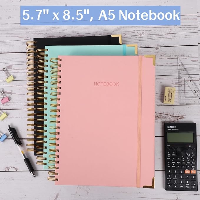 Spiral Notebook, Hardcover Leather Journal for Women Men, 300 Page Thick Notebooks College Ruled for Work, School, Note Taking, Writing Journals, Large A5 Notebook with Tabs Sticky, 5.7" x 8.5", Pink