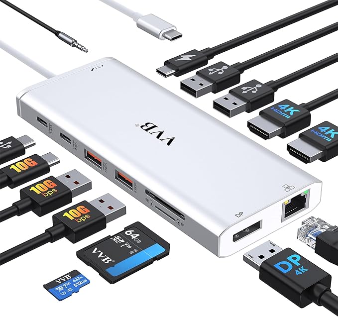 USB C Docking Station Dual Monitor for Dell/Lenovo/HP Laptop Docking Station HDMI USB C Hub Multiport Adapter Dongle Dock USB C to 2 HDMI +DisplayPort+Ethernet+4USB+2USB C+100W PD Charger+SD/TF+Audio