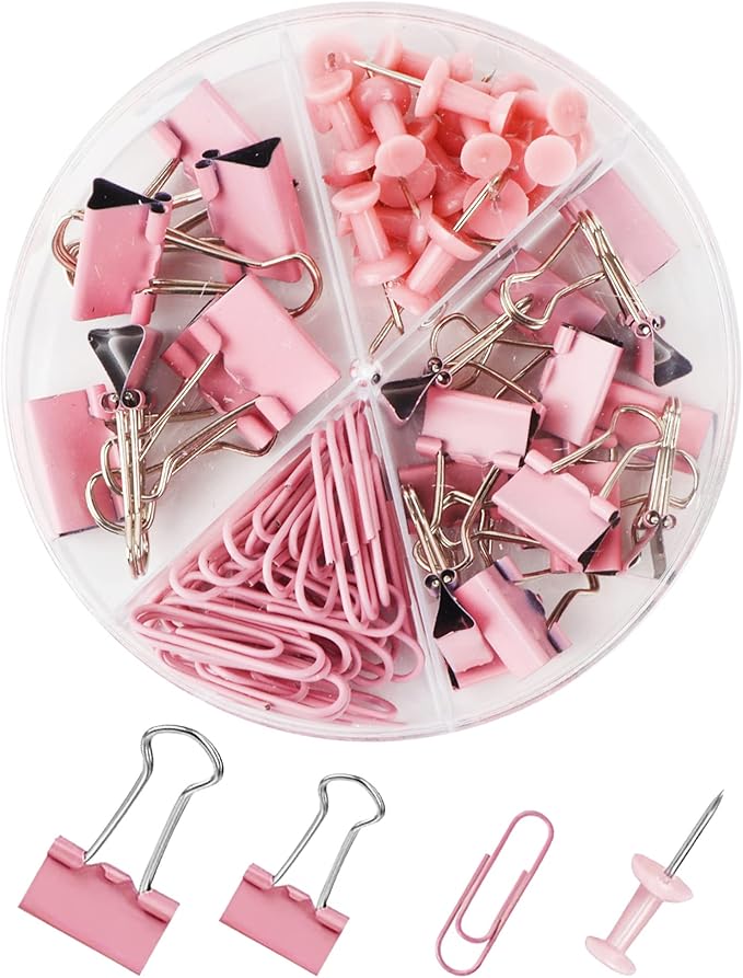 Paper Clips and Binder Clips Set, Metal Assorted Sized Binders with Push Pins, Cute Office Supplies for Desk, Desk Accessories (Pink)