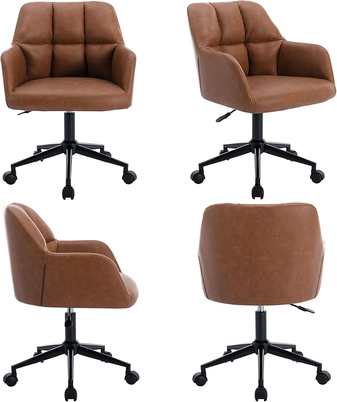 VESCASA Adjustable Home Office Desk Chair with Comfy Square Tufted Mid-Back, Faux Leather 360 Swivel Upholstered Task Armchair with Wheels for Teens Bedroom/Living Room, Brown