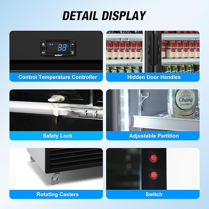Commercial Beverage Refrigerator, 75" W 60 Cu. Ft. Commercial Drink Fridge, Display Refrigerator with 3 Glass Door, Commercial Display Fridge with 12 Adjustable Shelves, for Shop, Restaurant, Bar