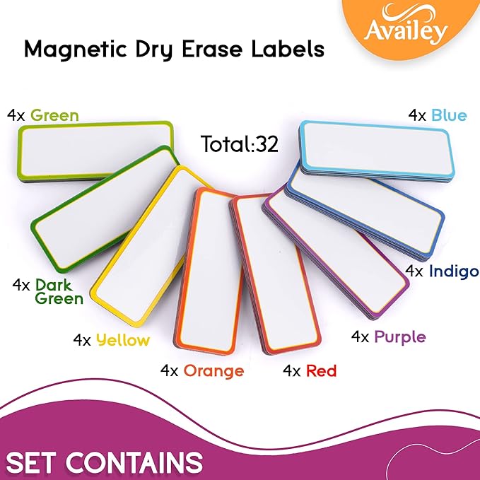 Availey 32 Pieces (4 x 1.8") - Colored Border Magnetic Dry Erase Labels - Reusable Strips for Classroom Home Office Garage Refrigerator - Blank Writable Erasable Cards Name Tags Students Locker Shelf