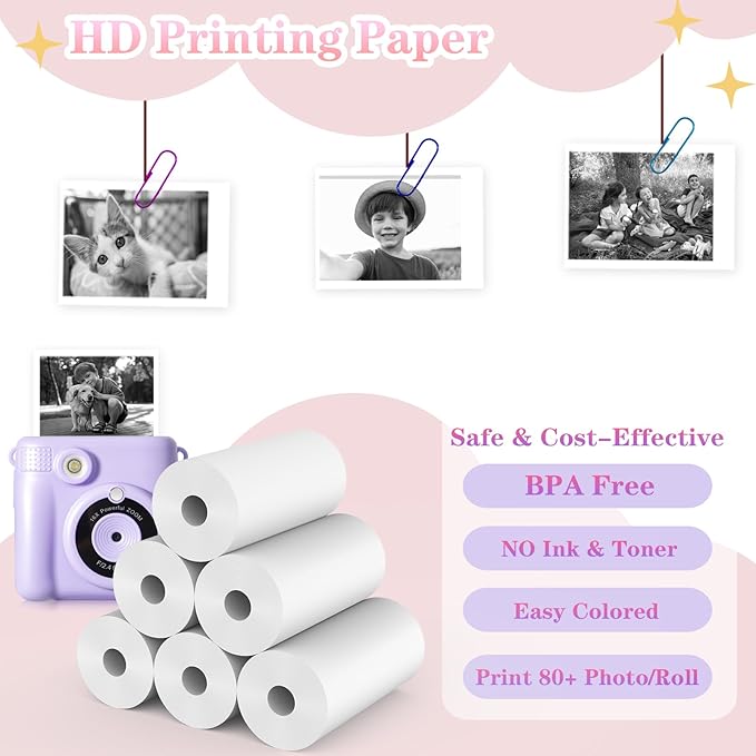 6 Rolls Kids Camera Instant Print Refill Paper Set, Phetium HD Printing Thermal Paper for Most Kids Instant Camera Photo Print (2*Pink, 2*Blue, 2*Yellow)