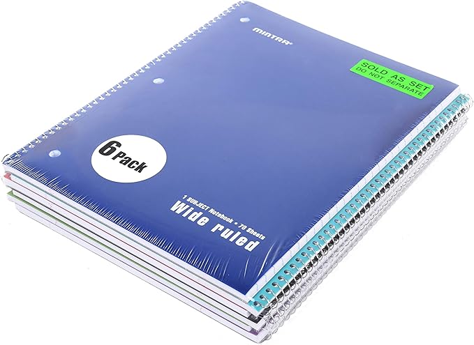 Mintra Office Spiral Notebooks - 1 Subject, Poly Cover, 70 Sheets, WIDE Ruled, 8in x 10in, Bulk Pack, Primary Color Waterproof Covers, Set of 6 - for School, Office, Business, Professional (04658)