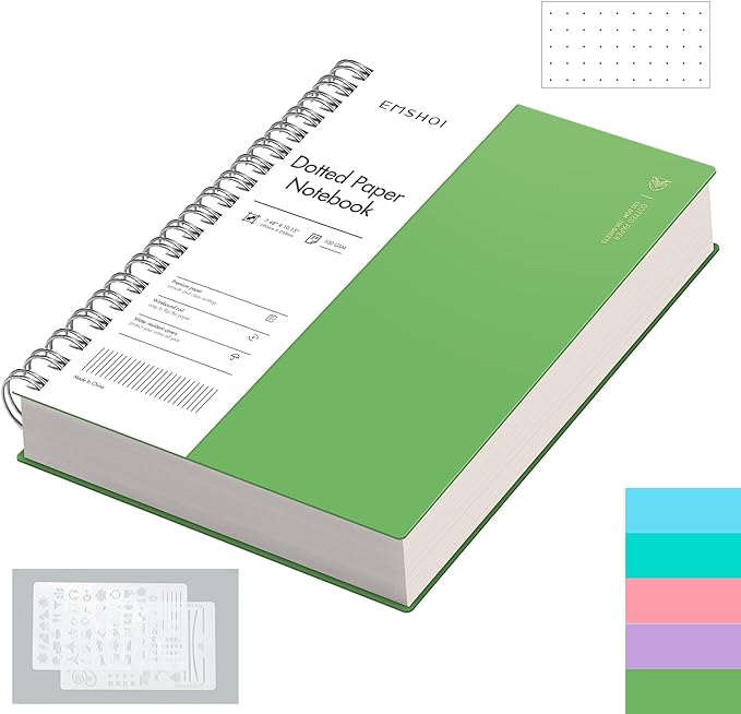 EMSHOI B5 Spiral Notebook Bullet Dotted Journal, Large 7.48" X 10.15", 300 Pages/150 Sheets, 100gsm Dot Grid Paper, Waterproof Hardcover, for Office School Women Men Work Writing Notes-Green