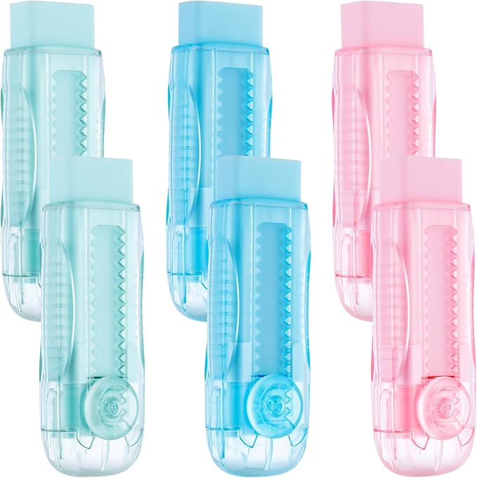 M&G 6 Pack Rubber Erasers Sliding Retractable Eraser, 3 Colors Soft Cute Erasers Push Pull Large Pencil Eraser with Transparent Plastic Sleeve for Students Kids, School Office Home Supplies