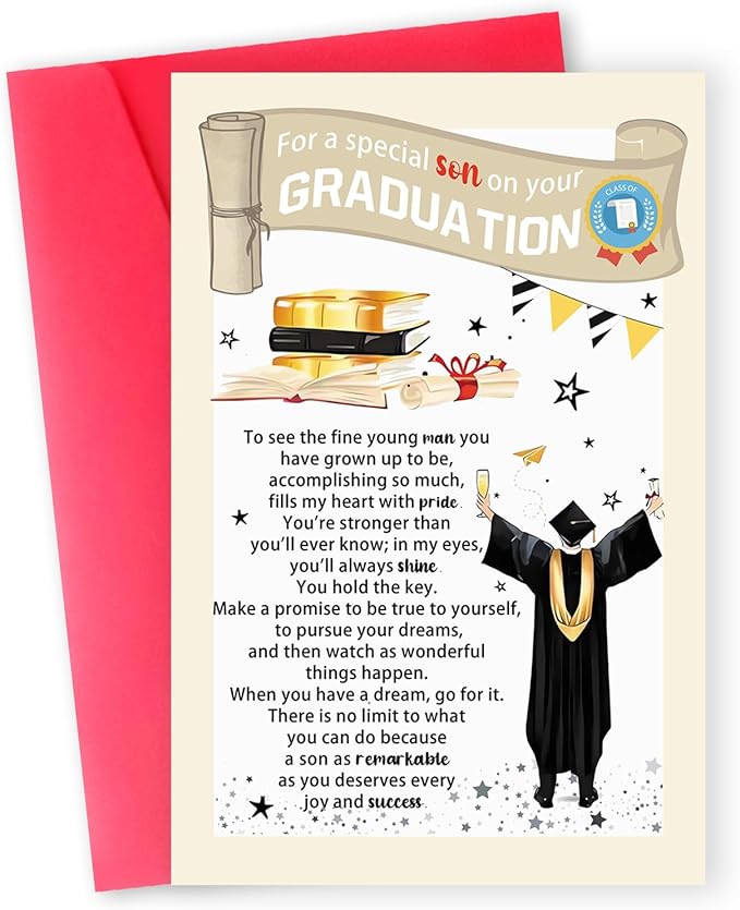 Graduation Gifts for Son, College High School Graduation Card 2025 with Envelope, Congratulations Card for Him from Dad Mom, To My Special Son Card