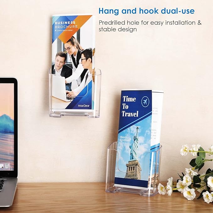 MaxGear Acrylic Brochure Holder, Premium Brochure Holder Stand 4 inches Wide Plastic Pamphlet Holder Wall Mount Clear Countertop Organizer Literature Holders Flyer Holder Plastic Display Stand(12Pack)