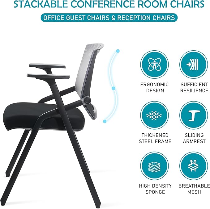 Conference Room Chairs, Folding Office Desk Chair with Lumbar Support and Sliding Armrest, Stackable Office Guest Chairs & Reception Chairs 20 Pack with Wheels