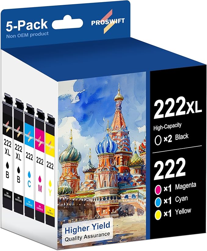222XL Ink Cartridges Combo Pack Remanufactured Replacement for 222 222XL Ink Cartridges Works with Workforce WF-2960 and Expression XP-5200 Printers (2 Black, 1 Cyan, 1 Magenta, 1 Yellow)