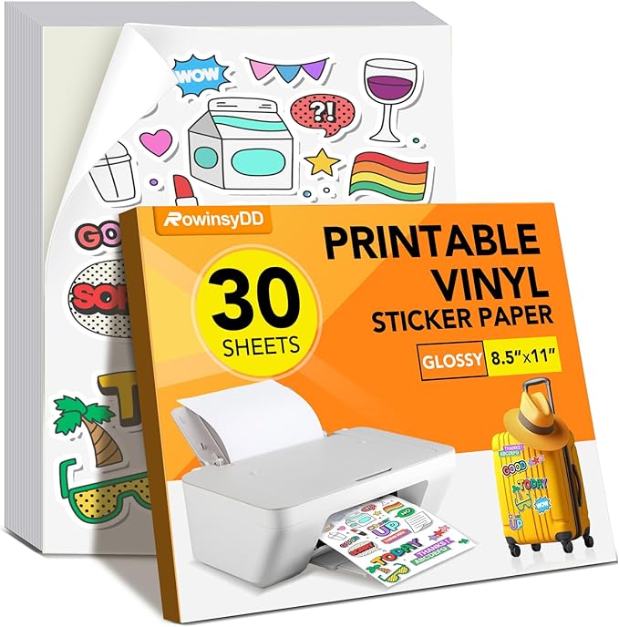 30 PCS Sticker Paper for Inkjet Printer，Printable Vinyl Sticker Paper Dries Quickly Vivid Colors，8.5"x11" Tear Resistant Printable Vinyl，Glossy White,Inkjet & Laser Printer