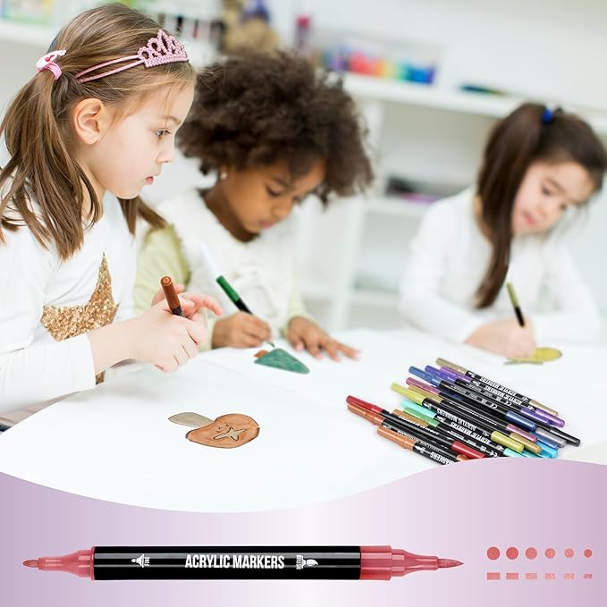 24 Metallic Colors Acrylic Paint Markers, Dual Tip with Fine Tip and Brush Tip Pens for Stone, Wood, Calligraphy, Canvas, Ceramic, Metal, Glass, Rock Painting, DIY Crafts