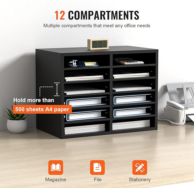 VEVOR Literature Organizers, 12 Compartments Office Mailbox with Adjustable Shelves，Wood Literature sorter 20.4x12x16.1 inches for Office, Home, Classroom, Mailrooms Organization, EPA Certified Black