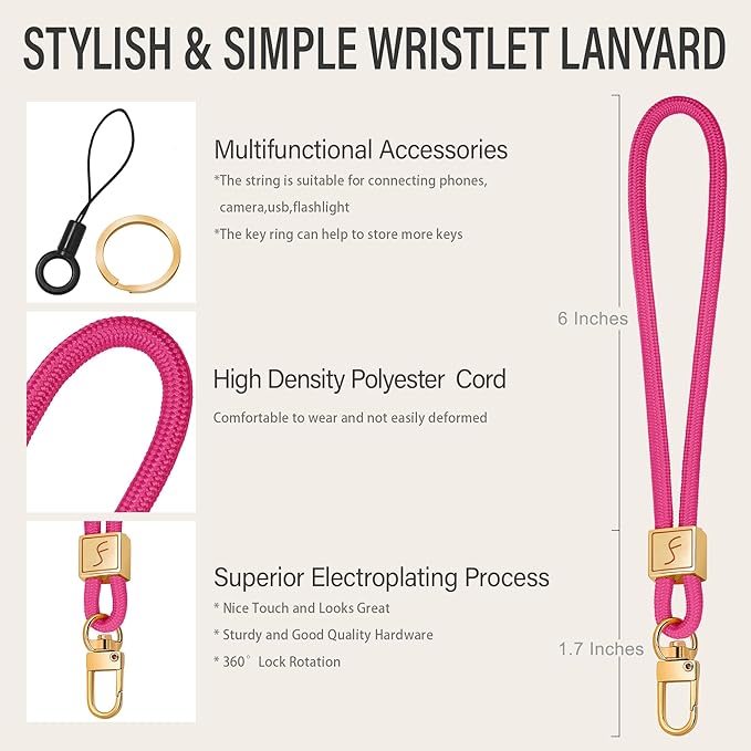 Fishent Keychain Wristlet lanyard, Cute Key Chain Holder, Upgraded Woven Wrist Lanyard for Keys, Wristlet Strap Keychain for Women Men Car Keys ID Badges Card Wallet Phone (Pink)