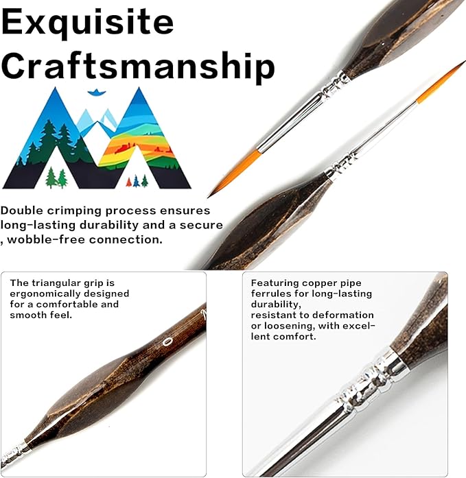 8 Pieces Exquisite Detail Paint Brush Set with Copper Tube and Special Double - Wire - Binding Process，Birch Wood Pen,Triangular Grip. Suitable Oil, Watercolour, Acrylic, Digital Painting