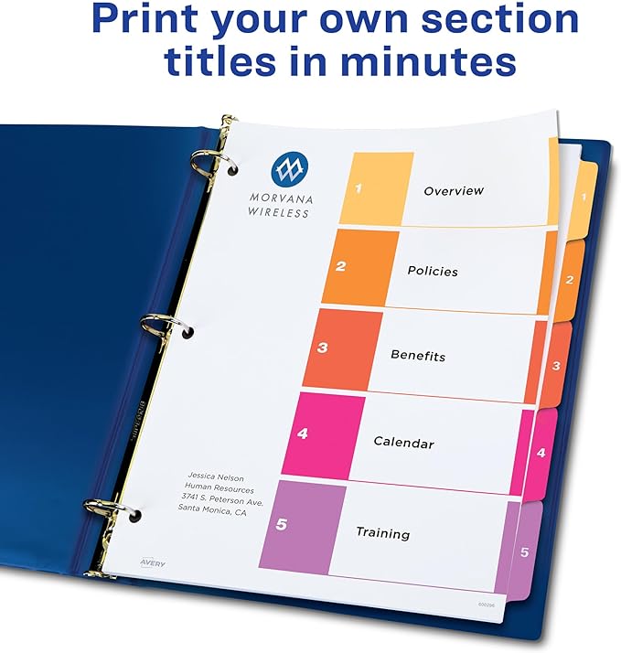Avery 5 Tab Dividers for 3 Ring Binders, Customizable Table of Contents, Multicolor Tabs, 6 Sets (11187)