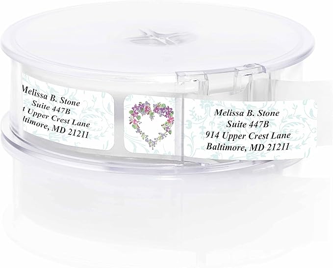 Floral Heart Wreath Rolled Address Labels with Elegant Plastic Dispenser