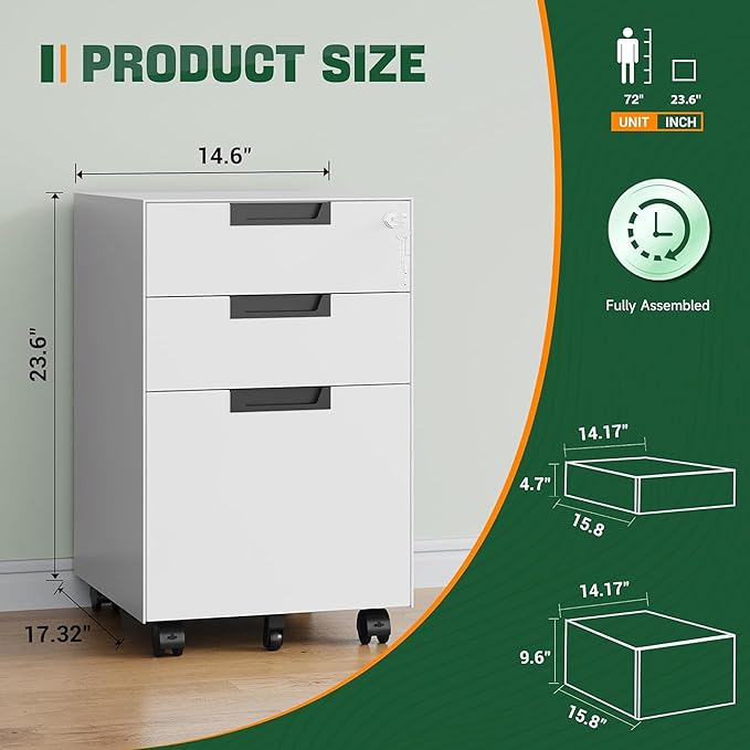Letaya 3 Drawer Mobile File Cabinet with Lock,Under Desk Metal Small Filing Cabinets for Home Office Organizer Letters/Legal/A4(Fully Assembled Except Wheels-White)