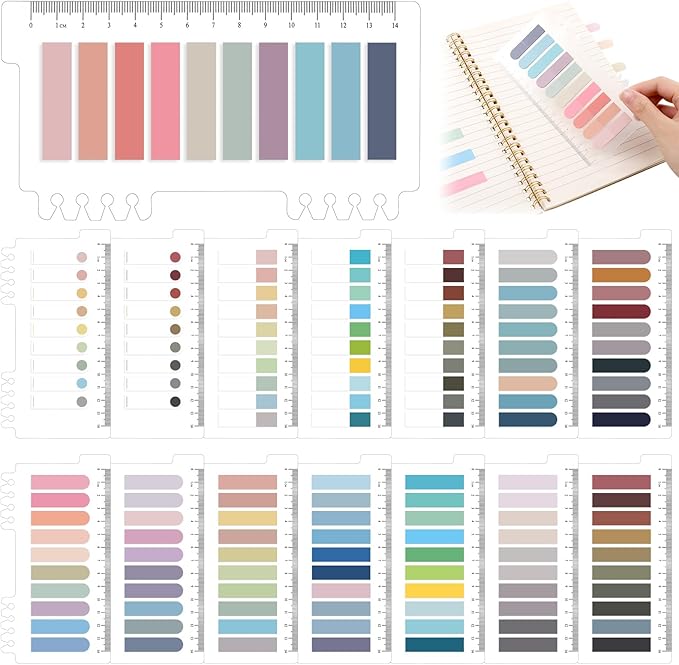 3000Pcs Sticky Tabs with Ruler, 15 Pack Index Tabs, Post It Sticky Notes, Repositionable Book Flags Strip Index Tabs Clear Page Markers for Office School Reading Highlights Classifying