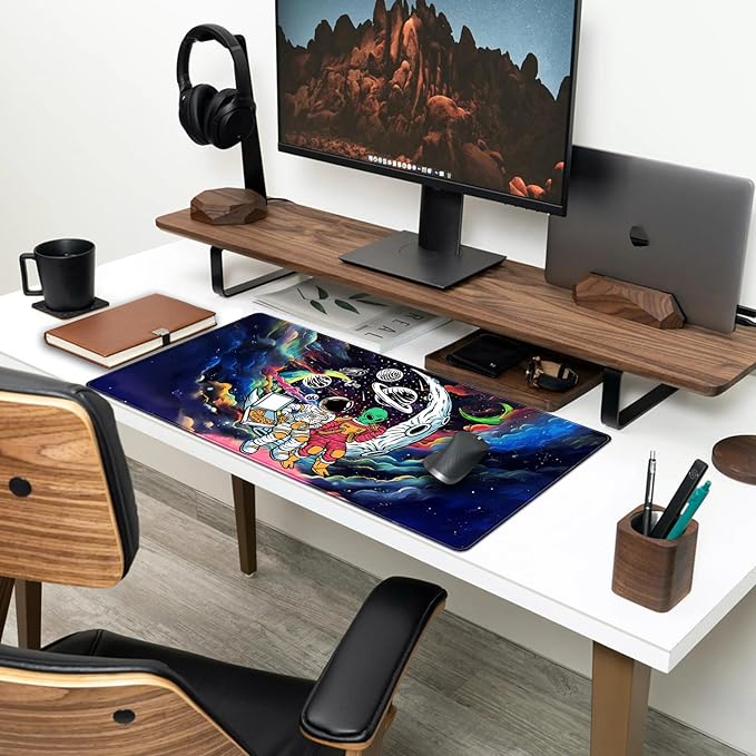 Funny Space Mouse Pad Desk Mat Astronaut Alien Large Gaming Mouse Pads Anime Desk Pad Mousepad XXL Cool Trippy Universe Extended Keyboard Mat with Stitched Edges Anti-Slip, 31.5 X 15.8 in