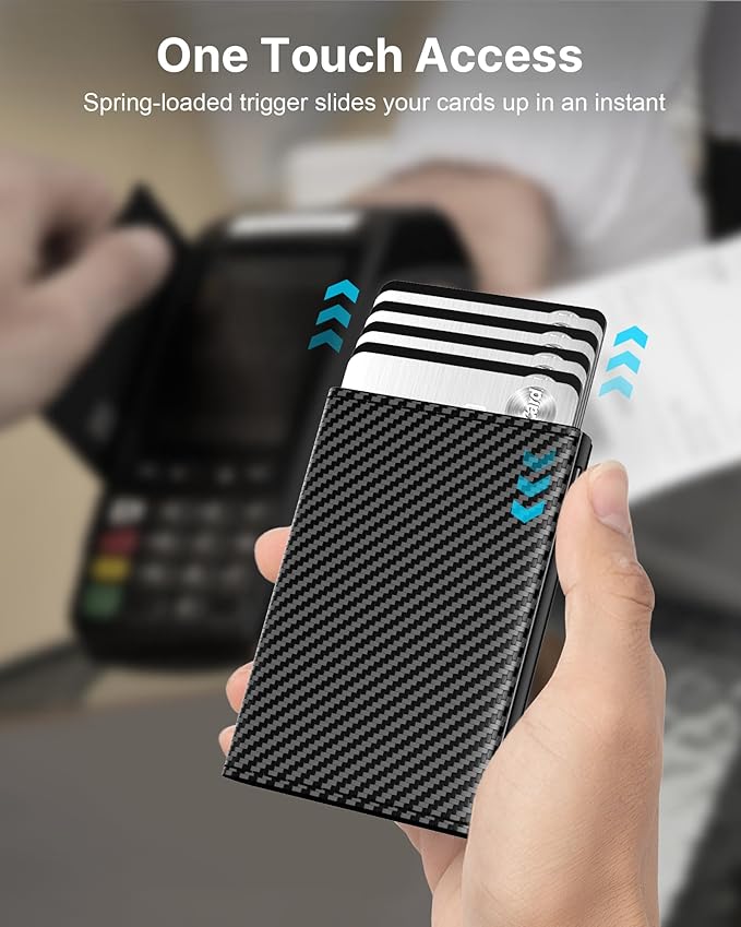 typecase Mens Wallet Card Holder: Pop Up Aluminum Case, Genuine Leather, Smart, RFID Blocking, Slim, Minimalist, Front Pocket - 9-14 Card Capacity | ID Window | Cash Slot (Carbon Fiber Navy)