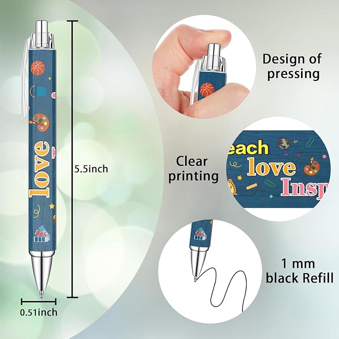 Idealmuzik 8 Teacher Pens,Gift for Teacher,Fun Cute Funny Best Pens Set,Teach Love Inspire Writing School Sayings Preschool Appreciation Gifts in Bulk