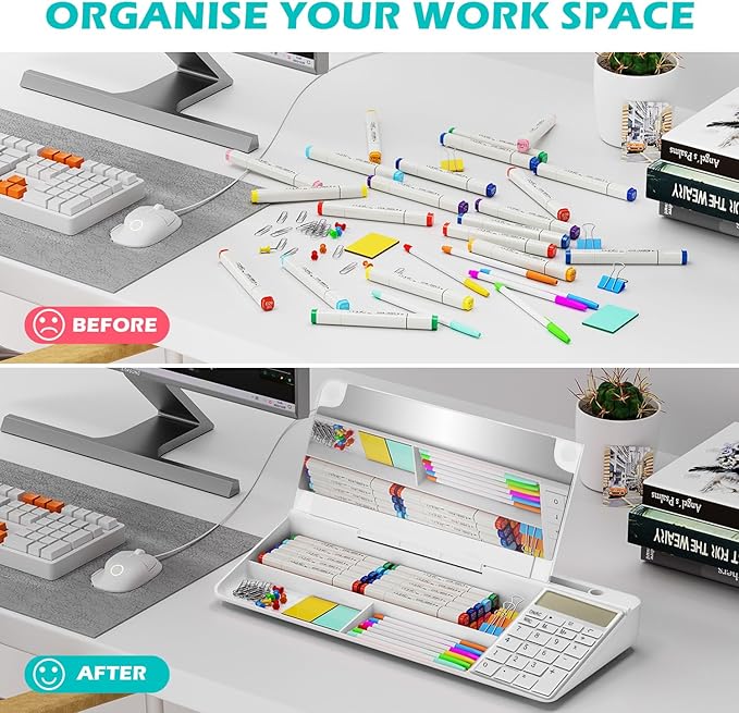 Desktop Glass Whiteboard with Mirror & Calculator(12 Digit LCD Display) & Ruler Marker,Tilted Computer Keyboard Stand with Dry Erase Board Surface, Desk Organizers with Accessories,White