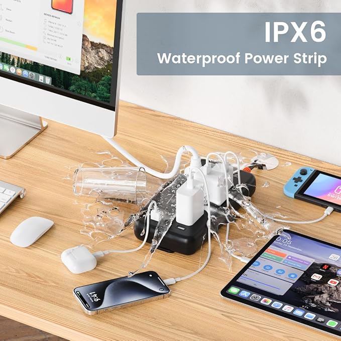 Power Strip Weatherproof, 10-in-1 Surge Protector with 6 Wide Outlets 2USB A and 2USB C,1875W/15A,10FT Flat Plug Multi-Plug Outdoor Extension Cord for Indoor Outdoor, UL FCC Listed