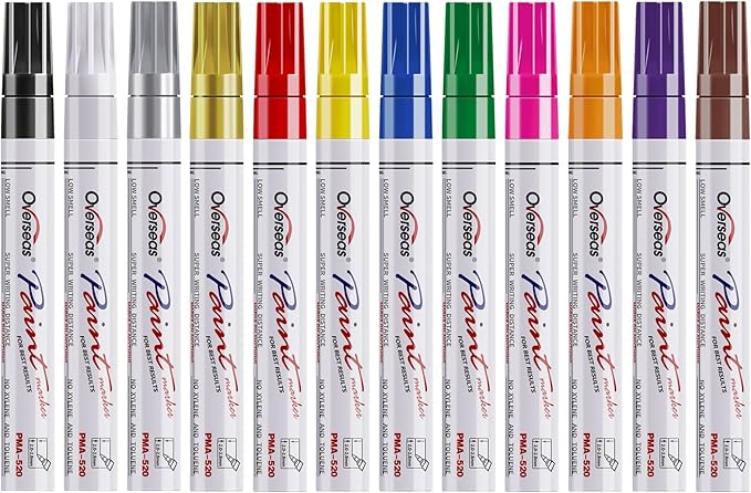 Overseas Paint Markers Pens, 12 Colors Painting Marker on Almost Anything, Quick Dry and Permanent, Oil-Based Paint Pens Set for Rock, Wood, Metal, Fabric, Plastic, Canvas, Glass, Rubber, DIY Craft