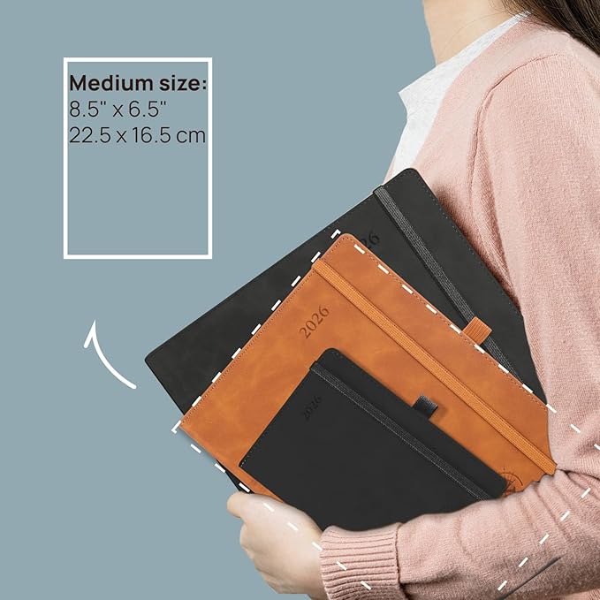 POPRUN Weekly Planner 2026 (Medium 6.5" x 8.5") Calendar 12 Months Notebook with Horizontal Layout, Leather Soft Cover, Monthly Tabs, Inner Pocket, 100GSM Thick Paper, Pen Holder - Soft Pink