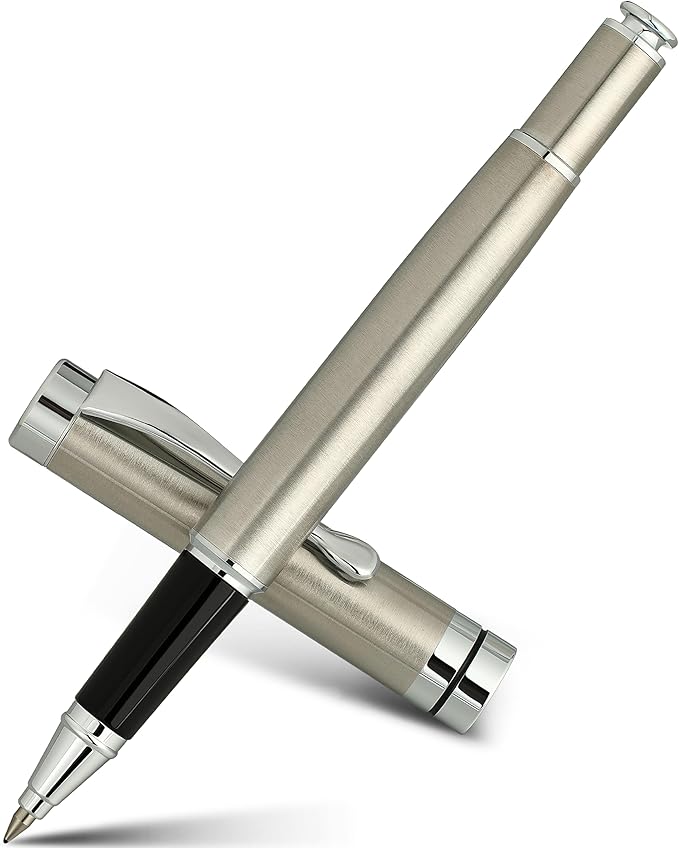 BEILUNER Silver Ballpoint Pens, Stainless Steel Body, Smooth Writing Experience, Dishwasher Safe, Gift Box with Extra Refill