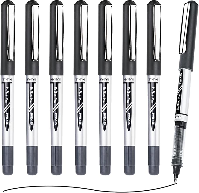 EYEYE 8 Pack Black Rollerball Pens 0.7mm, Medium Point Roller Ball Pen Quick Dry, Liquid Ink Pens Fine Point Smooth Writing Pen for Journaling, Note Taking, Office, School Supplies