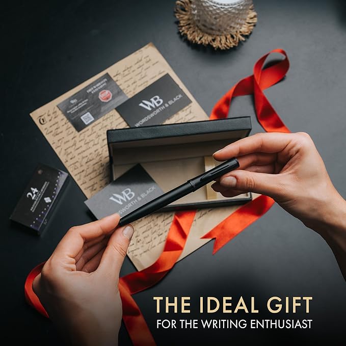 Wordsworth & Black Fountain Pen Set, Bent Nib, Includes 24 Pack Ink Cartridges, Ink Refill Converter & Gift Box, Calligraphy, [All Black], Perfect for Men & Women