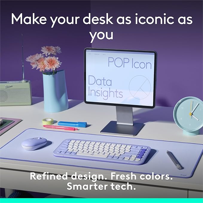 Logitech POP ICON Keys Wireless Bluetooth Keyboard, Comfortable Typing, Programmable Keys, Easy-Switch Between up to 3 Devices, for Laptop, Tablet, PC – Lilac and Off-White