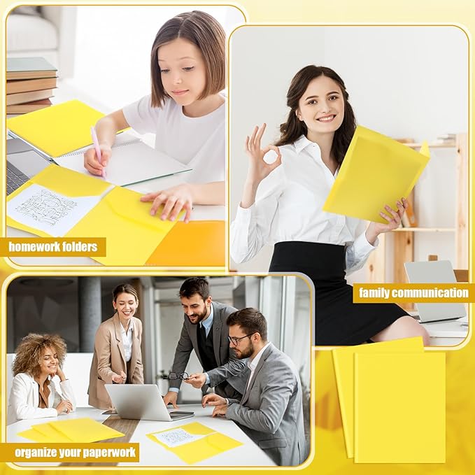 Gueevin 24 Pcs Plastic Folders with Pockets, Two Pocket Folder Fit Letter Size, Heavy Duty School Business Card Holder for Home Office School Bussiness, 11.61 x 9.45 Inches (Yellow)