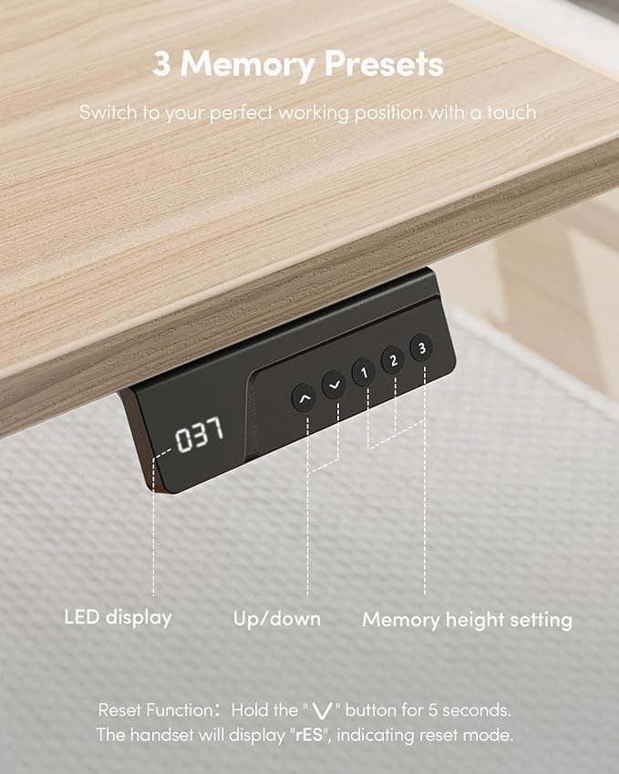 FEZIBO One-Piece Standing Desk Adjustable Height Stand up Home Office Desk, 55x24 Inch Electric Standing Computer Desk, with 4 Memory Presets, Fixable casters, Light Walnut