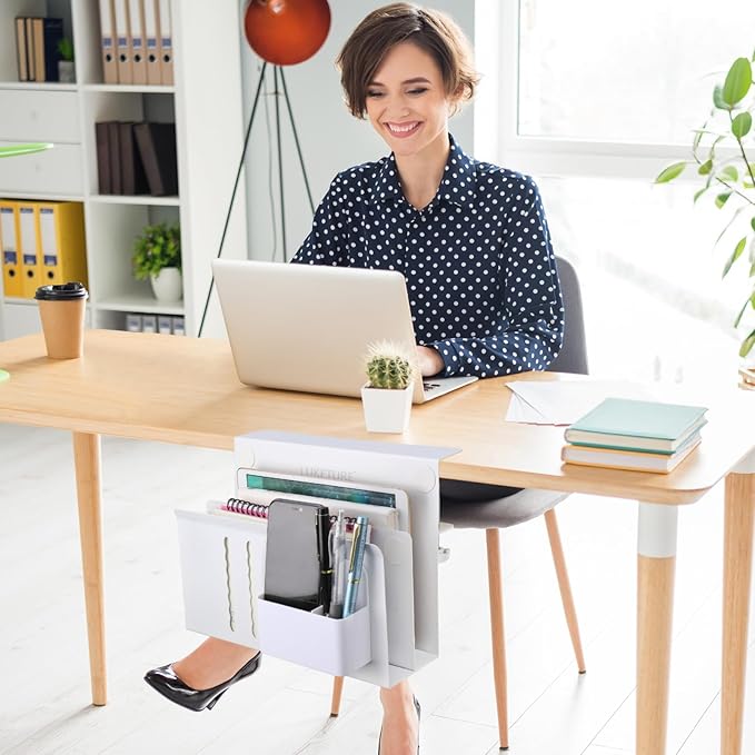 LUKETURE Desk Side Storage, 2 Tier Steel Hanging Organizer, No Drill Side Desk Organizer, Laptop Holder, with Pen Holder, Hanging Table Storage for Office and Home