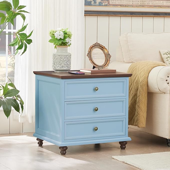 24" Wide Farmhouse Night Stand,Large End Table with 3 Drawers & Metal Handle,Light Blue Wood Dresser for Bedroom Cabinet, Bed Side Tabl·e Chest of Drawers,Nightstand for Living Room,Close