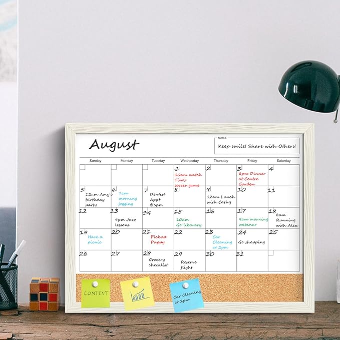 Calendar Whiteboard for Wall, 18x24 Inches Whiteboard Calendar Cork Board Combo, Magnetic White Board Monthly Calendar with Wood Framed, Hanging Dry Erase Board for Kitchen Home Office Planner