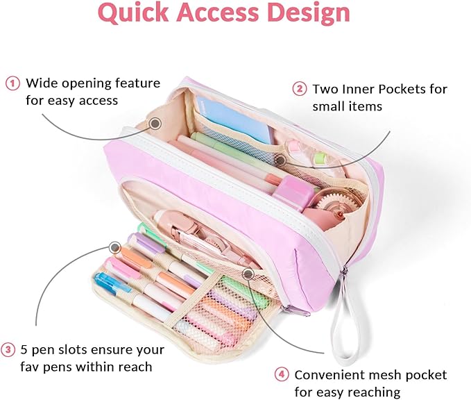 Sooez Big Capacity Pencil Case, Extra Large Pencil Pouch with Zipper Pocket, Wide Opening Pencil Bag, Portable Stationery Organizer, Cute Aesthetic School Office Supplies for Teens Girls, Purple
