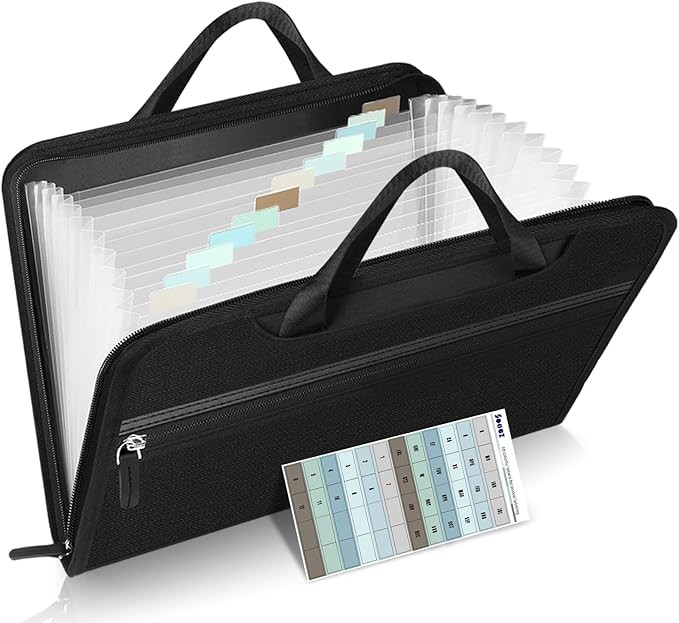 Sooez Heavy Duty Accordion File Organizer with Hidden Handle, Portable 12 Pockets Expanding File Folders, Cloth Monthly Bills Receipt Organizer for Letter/A4, School Classroom Home & Office Supplies