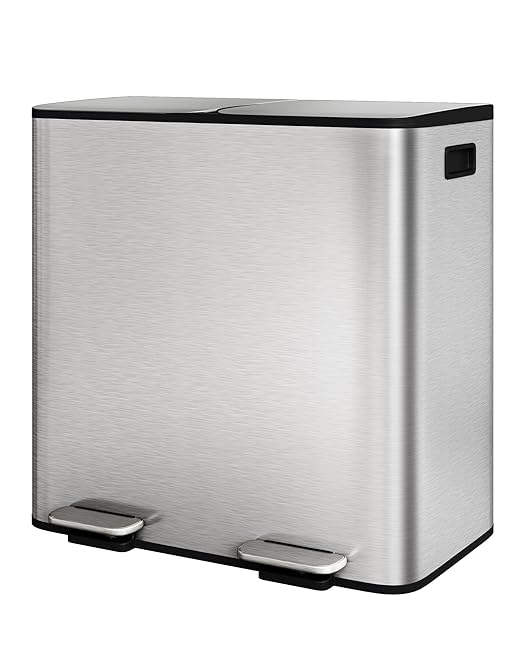 GarveeHome 2 x 10.6 Gallon Stainless Steel Double Trash Can with Lid for Kitchen, Large Dual Trash and Recycle Bin Combo, Step-on Kitchen Metal Garbage Cans, PP Inner Buckets, Liner Rim, Silver