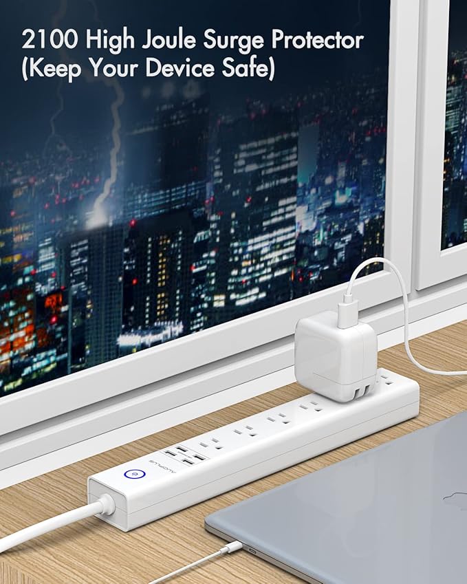 15 Ft Power Strip Surge Protector, 6 Outlets and 4 USB Ports, Flat Plug Power Strips Long Extension Cord with Overload Protection, Wall Mount for Home, Office, Dorm, ETL Listed White
