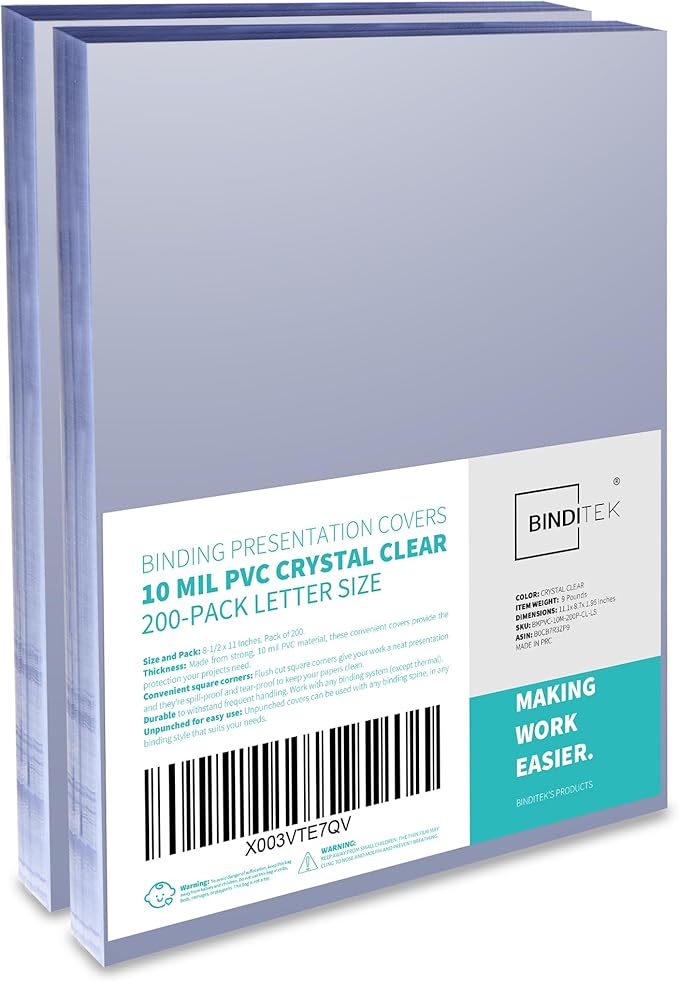 Binditek 200 Pack 10 Mil PVC Binding Report Covers, 8.5 x 11 Inches, Letter Size, Square Corners, Un-Punched, Office Supplies